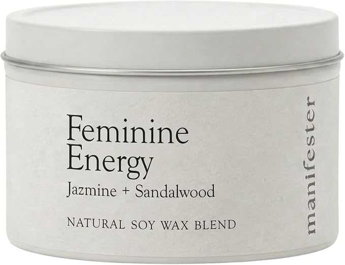 Natural Soy Wax Candle with Mantra – Clean Burn 100% Cotton Wick (No Lead or Zinc) – Phthalate-Free & Paraben-Free – Long-Lasting – Gift for Women – 6 oz (Feminine Energy Jasmine + Sandalwood)