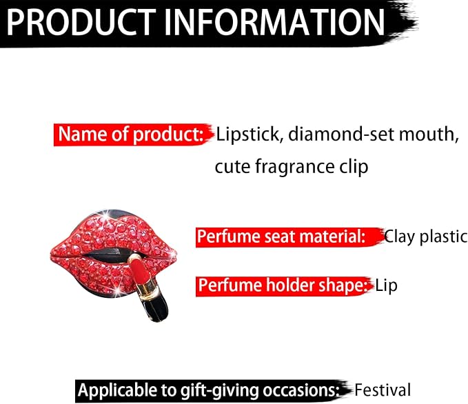 Car Air Vent Clips Red Lips, Rhinestone Lipstick Charms for Auto Diffuser Vent, Bling Diamond Decorations for Air Conditioning Outlet, Universal Vehicle Interior Accessories for Women Girls