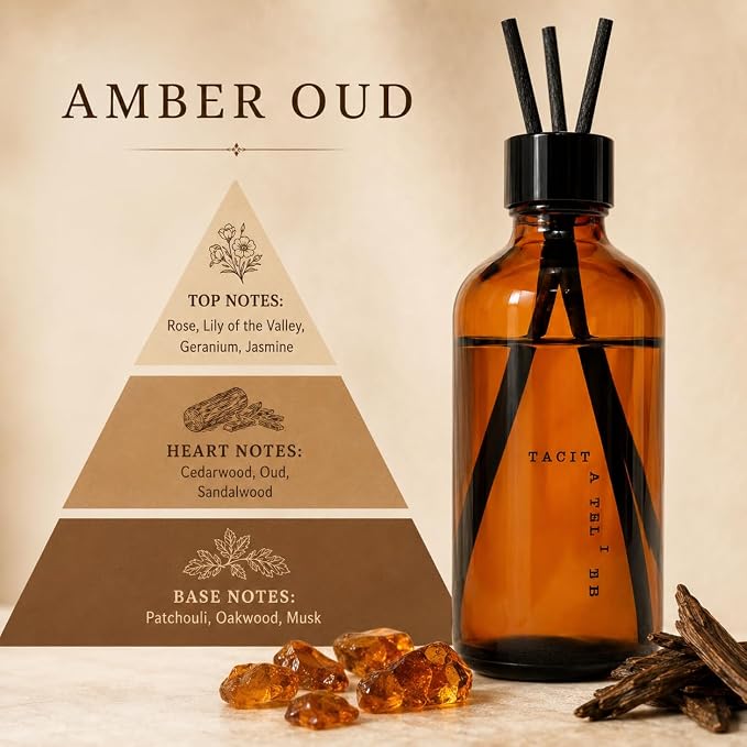Amber Oud Reed Diffuser Set, 6.7 fl oz, Warm Woody | Saffron, oud & amber scent; alcohol-free formula; for study, lounge & bedroom