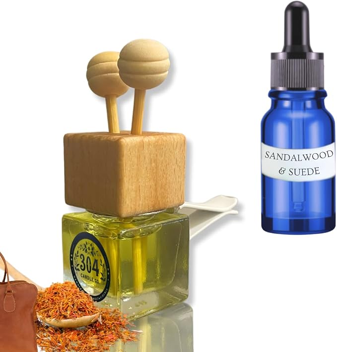 Cute Refillable Car Air Freshener Vent Clip 8mL – Sandalwood & Suede – 15mL Refill Included – Long Lasting Fragrance Oil Diffuser – 100% American Handmade Odor Eliminator