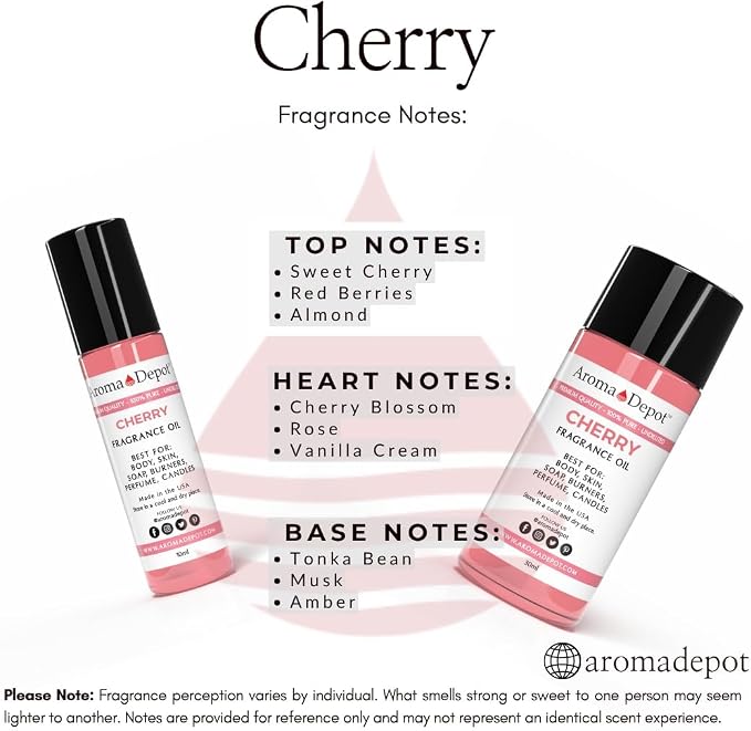 Aroma Depot 1 fl oz Cherry Fragrance Oil for Candles, Soap Making, Wax Melts, Diffusers, Body Oil Blends & Incense