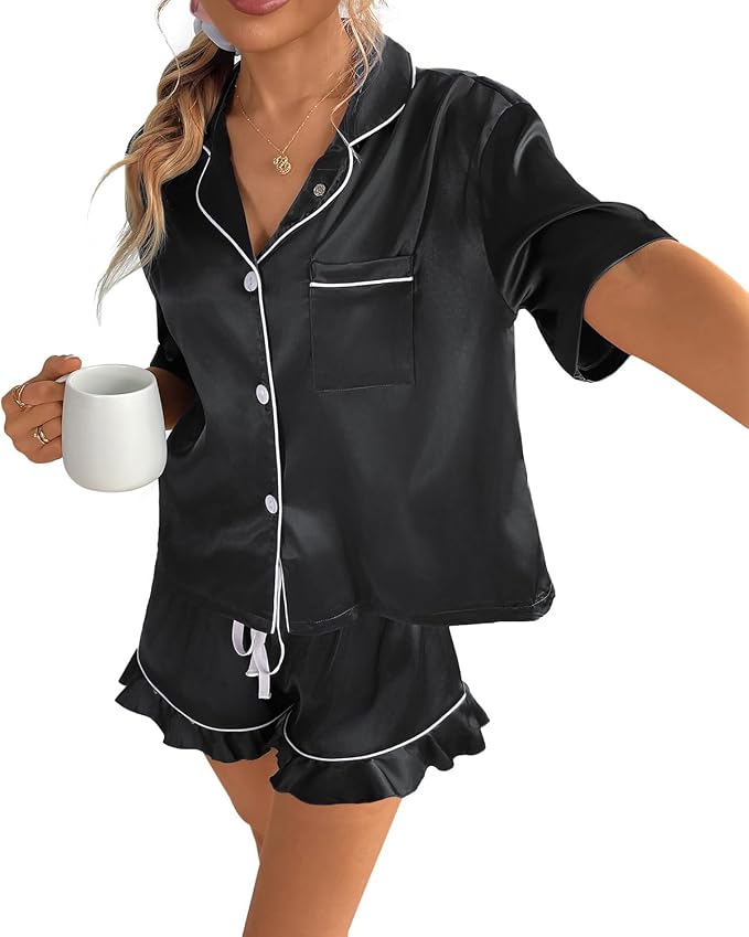 CHYRII Women's Silk Satin Pajamas Two Piece Pj Sets Short Sleeve Tops Ruffled Shorts Sleepwear with Magnetic Diffuser