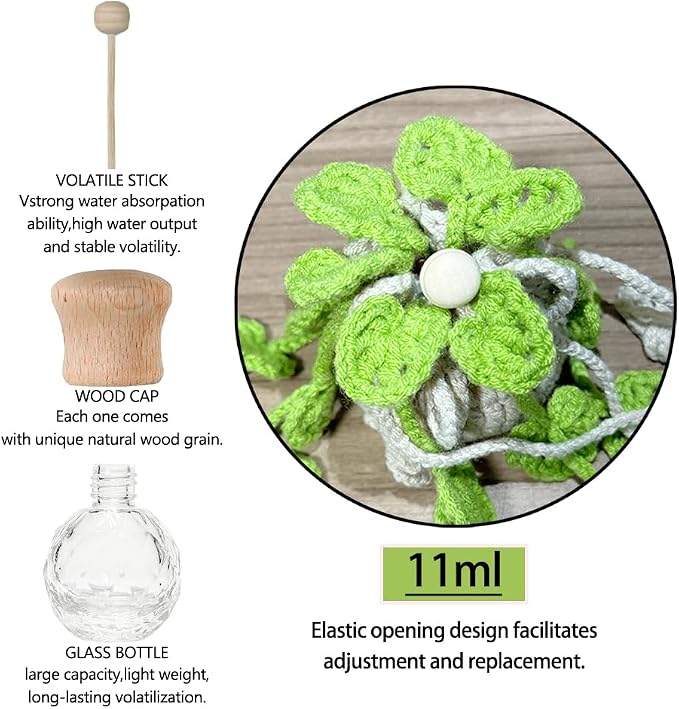 Crochet Car Air Freshener Hanging, Cute Hanging Plant for Cars, Crochet Plant with 10ml Empty Refillable Oil Diffuser Bottle, Handmade Boho Car Ornaments Charms for Rear View Mirror, Green