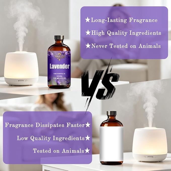 Lavender Essential Oil, Lavender Oil 4 Fl Oz 120ml for Diffuser Yoga Soap & Candle Making – with 0.33 Oz Roller Ball & Dropper YHSESSE Essential Oils