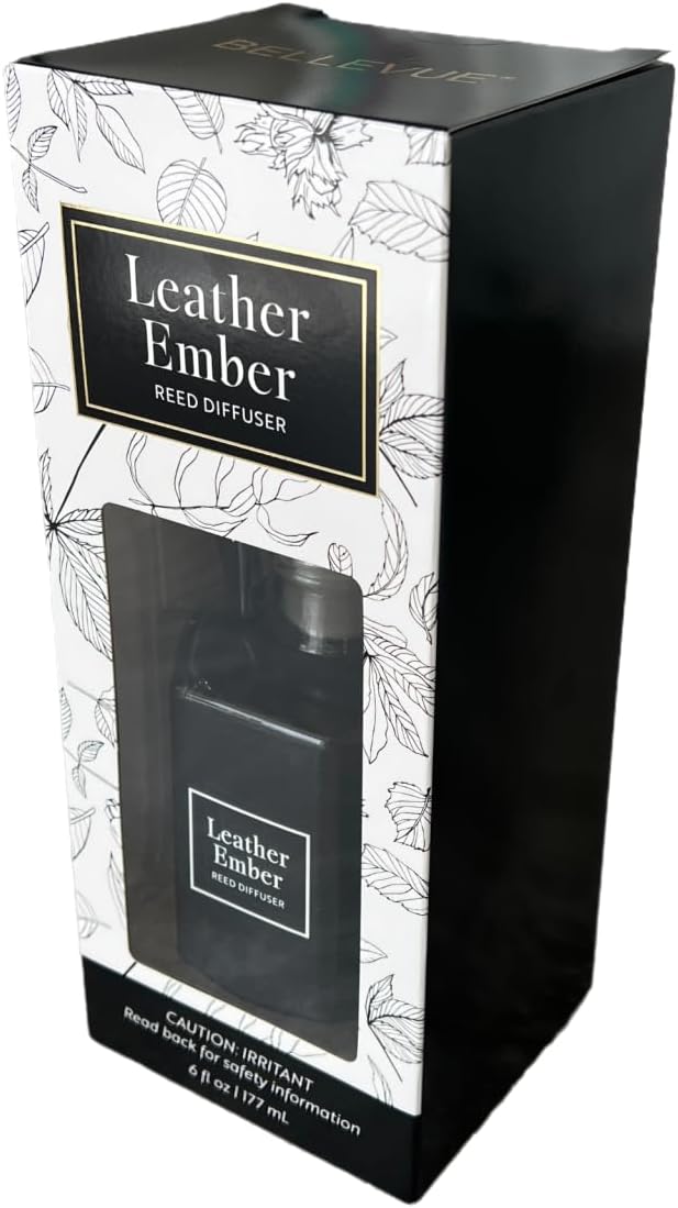 Bellevue Diffuser, 6 fl oz Glass Filled Diffuser, Highly Concentrated Fragrances with Essential Oils, Home Fragrance, Scent: Leather Ember