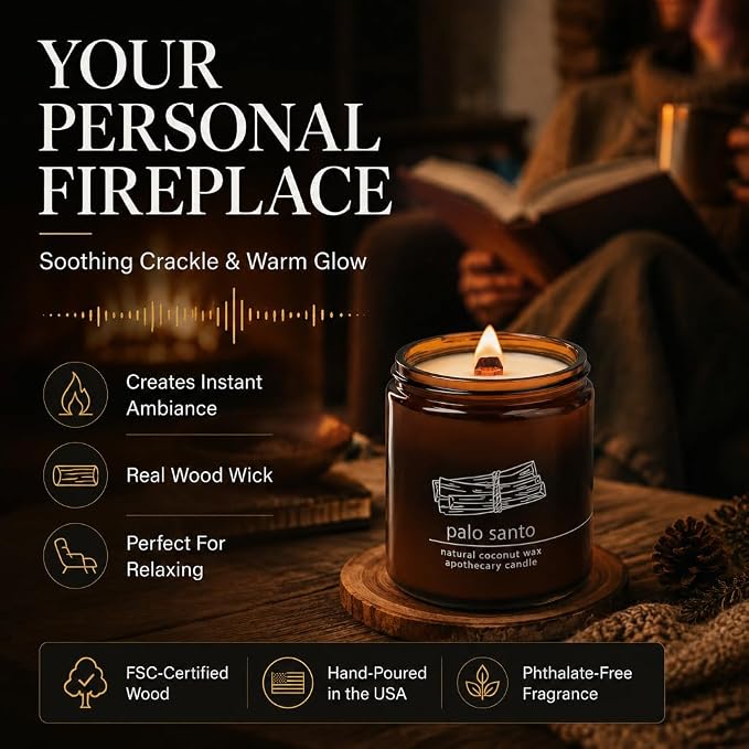 Hemlock Park Palo Santo Apothecary Scented Candle | Crackling Wood Wick, Botanical Fragrance & Coconut Apricot Wax | Up to 60 Hour Burn Time | 8 oz | Made in USA