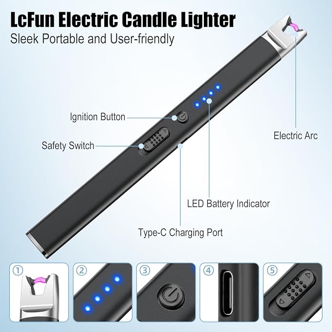 LcFun 4 Pack Candle Lighter Electric USB Rechargeable Plasma Arc Lighter with Safety Lock, Windproof Flameless Long Matches for Candle, Grill, BBQ, Camping Gifts for Women
