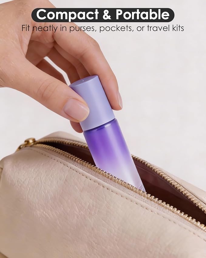 Worldgsb 25 Pack Essential Oil Roller Bottles, 10ml Refillable Glass Roller Bottles with Stainless Steel Roller Balls and Caps for Travel, Perfume and Lip Gloss Purple Gradient