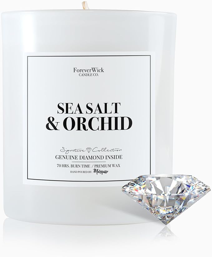 Foreverwick Sea Salt & Orchid Candle | Royal Essence Candle with Diamond Inside | Cleansing Sage Aroma | Strong Scented Candles for Decor | 14 oz & 70 Hours Burning Time