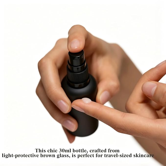 6 Pack Empty Travel Refillable Glass Pump Bottles Dispener 30ml/1oz, Matt Black Small Cosmetic Containers for Lotion,Cream,Essential Oil,Shampoo,Sercums (30ml Black 6pcs)