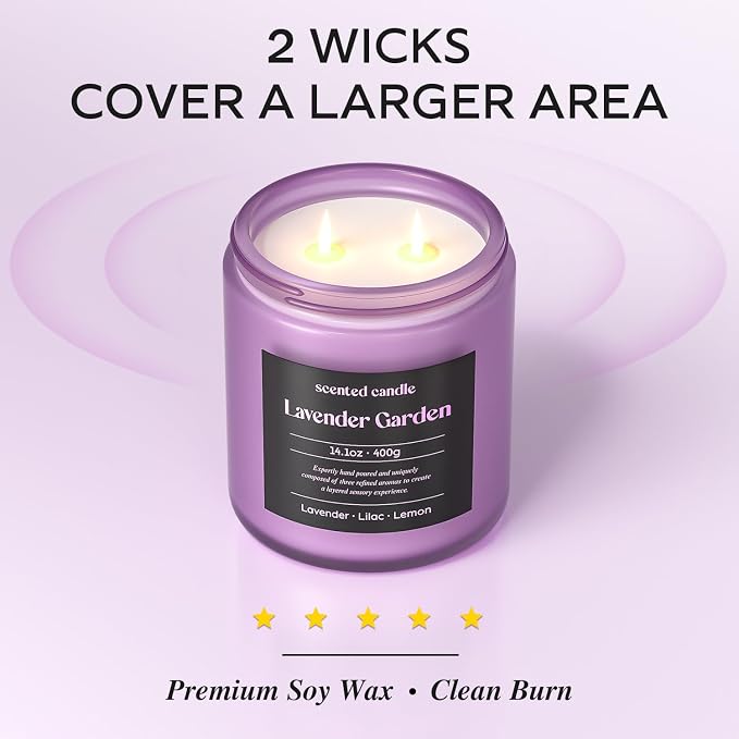 CHILLFLAME Lavender Candle, 14.1 oz Scented Candles for Home, 2 Wicks Blended Scents Aromatherapy Candles for Women and Men, Birthday Gifts for Women (Lavender+Lilac+Lemon)