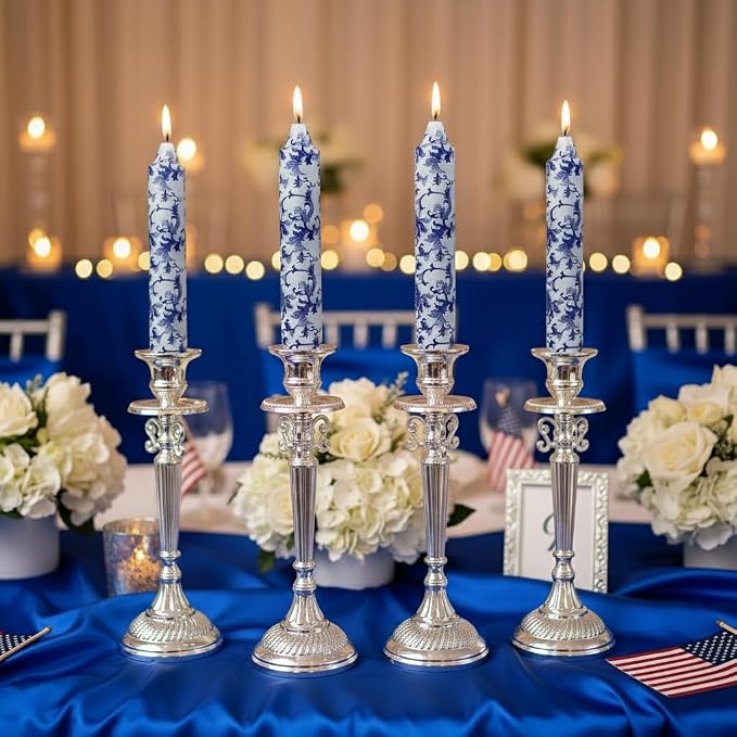 7 Inch Blue and White Short Taper Candles Hand Poured Unscented Smokeless Clean Burning Chinoiserie Taper Candles for Wedding Dinner Home Meditation Morning Coffee Ritual Breakfast Table Everyday