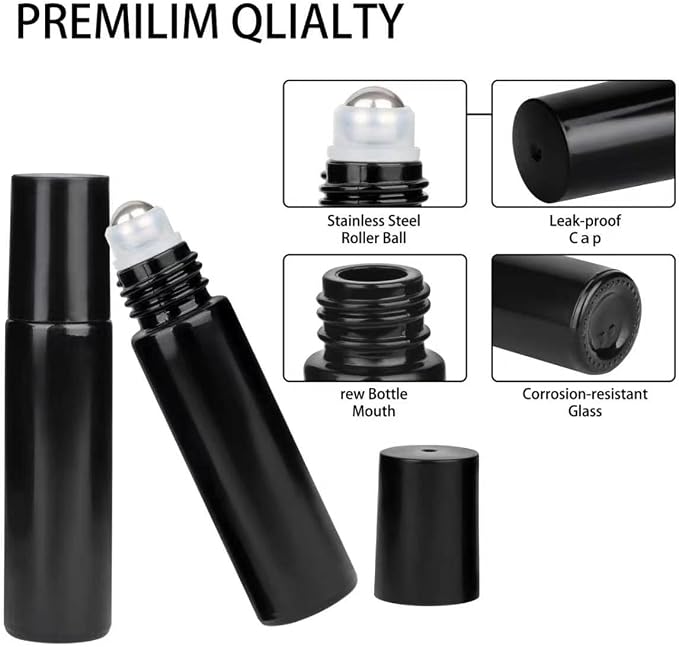 24-Pack 10ml Black Glass Roll-On Bottles with Stainless Steel Rollers, Refillable Roll-On Applicators for Essential Oils, Castor Oil, Aromatherapy, and Empty Deodorant Containers