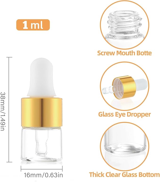 Mini Dropper Bottles 1ml – 100pcs Golden Collar Glass Sample Bottles with Droppers for Essential Oils, Cuticle Oil, Perfume, Travel, Small Business Use