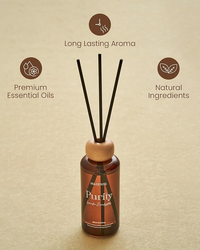 M&SENSE Lavender Eucalyptus Reed Diffuser: 6.3 fl oz Non-Toxic Aroma Set with Sticks, Light & Subtle Fragrance, Long-Lasting Natural Essential Oil Gifts for Bedroom, Shelf Decor & Small Spaces