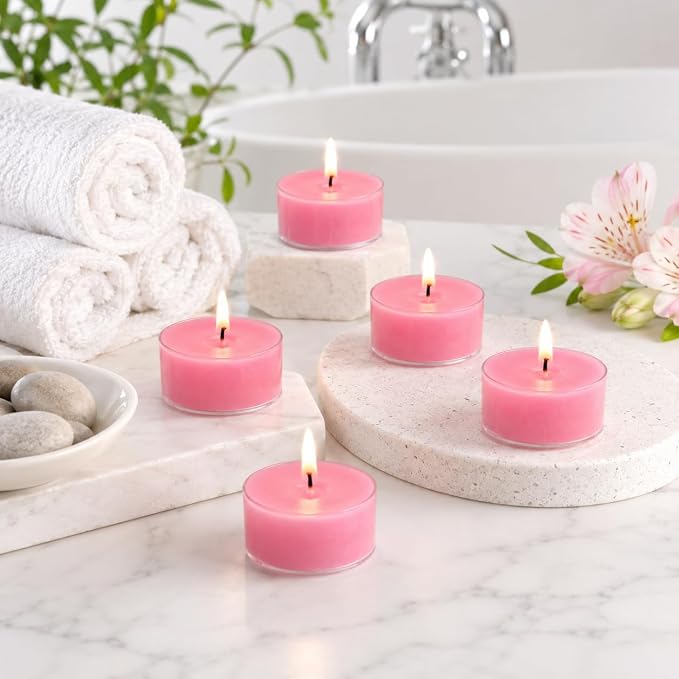 Hot Pink Tea Lights Set of 24, Peach Scented Tealight Candles, Handmade Tea Candles, Long Burning Tealights for Romantic Wedding Home Decor Gift