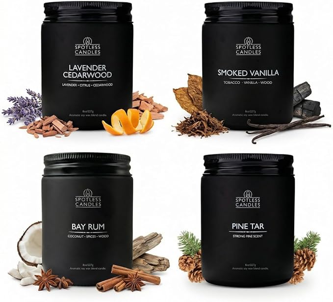 Men's Candle Gift Set; 4 x 8oz Scented Candles; Bay Rum, Pine Tar, Smoked Vanilla, Lavender Cedarwood; 200 Hours Burn Time; Matte Black Glass Jars; Premium Black Gift Box by Spotless Candles