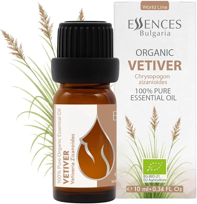 Essences Bulgaria Organic Vetiver Essential Oil 0.34 Fl Oz | 10ml | Vetiveria zizanioides | 100% Pure and Natural | Undiluted | Therapeutic Grade | Aromatherapy | Cosmetics | Cruelty Free | Non-GMO
