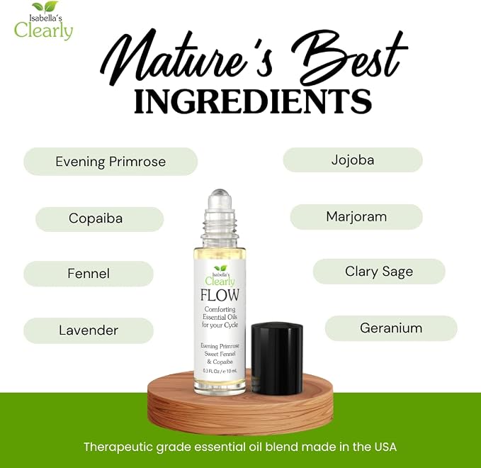 Flow Essential Oil Roll On for Women | Natural Aromatherapy Rollerball for PMS Support, Balance, Mood, and Comfort with Evening Primrose, Clary Sage, Copaiba, Fennel