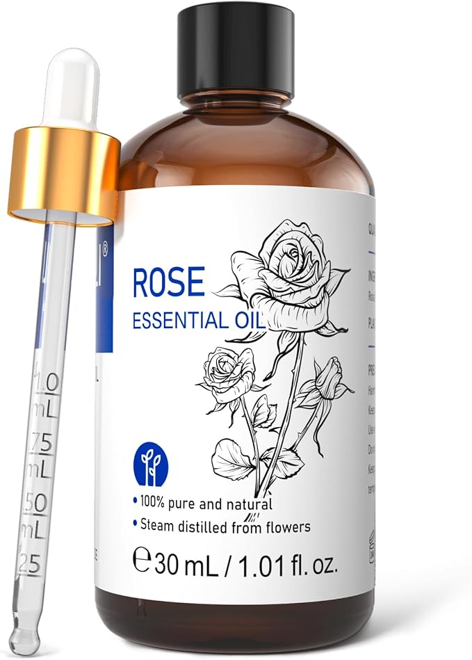 HIQILI Rose Essential Oil 1 Fl Oz, Therapeutic Grade for Aromatherapy, Diffuser, Skin Care, Massage, Includes Premium Quality Glass Dropper
