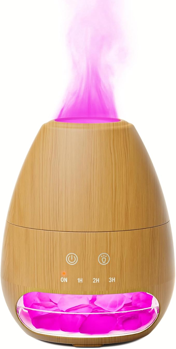 Ultrasonic Essential Oil Diffuser with Himalayan Salt Rock,Flame Diffuser with 7 LED Light,100ML Small Aromatherapy Oil Diffuser with Auto Off Function for Home, Office,Spa,Wooden Grain