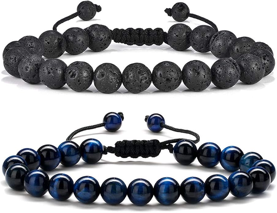 M MOOHAM Mens Bracelet - Beaded Natural Stone 8mm Tiger Eye Matte Agate Lava Rock Bracelets for Men Teen Boys Grandpa Dad Birthday Gifts Jewelry