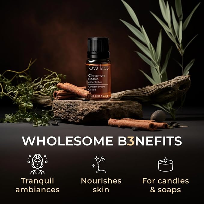 100% Pure Cinnamon Cassia Essential Oil - 0.34 Fl Oz - Cinnamon Cassia Oil for Hair, Skin, Diffuser, Aromatherapy & DIY Candle Making Scent