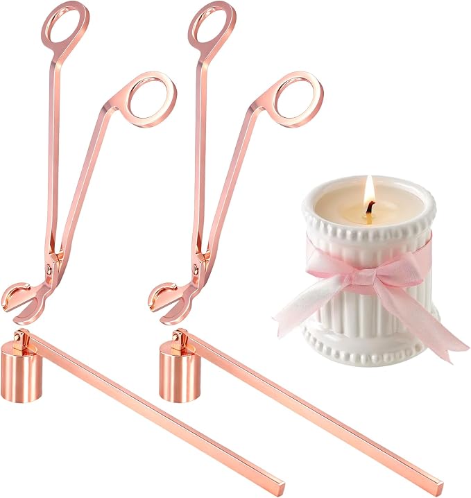 Candle Snuffer and Wick Trimmer Set of 4, Stainless Steel Candle Accessory Set, Rose Gold Wick Scissor Cutter and Snuffer for Home Use, Candles Lover