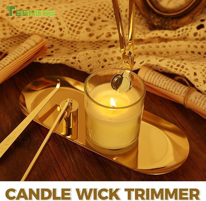 4 in 1 Candle Accessory Set with Storage Tray Plate, Candle Wick Trimmer, Candle Wick Snuffer, Candle Wick Dipper (Gold)