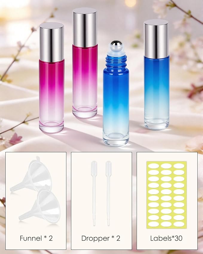 Worldgsb 12 Pack Essential Oil Roller Bottles, 10ml Refillable Glass Roller Bottles with Stainless Steel Roller Balls and Caps for Travel, Perfume and Lip Gloss Blue-Red Gradient