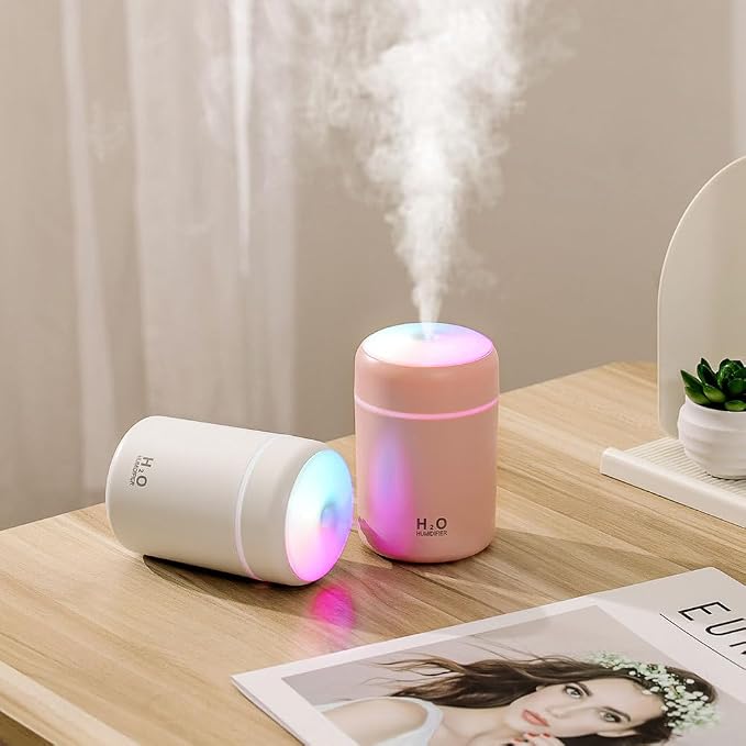 Portable Mini Humidifier, 300ml with Colorful LED Night Light, USB Personal Desktop Humidifier for Car Office Home Travel, Auto Shut-Off, 2 Mist Modes, Super Quiet