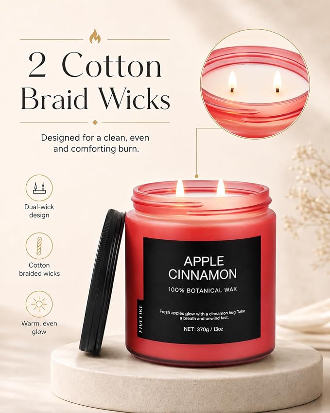 Apple Cinnamon Home Scented Candles, 13oz Organic Soy Wax, 76-Hour Clean Burning, Natural Candles Non Toxic, Spicy & Sweet Scent for Relaxation, Aromatherapy Housewarming Candle for Men Women
