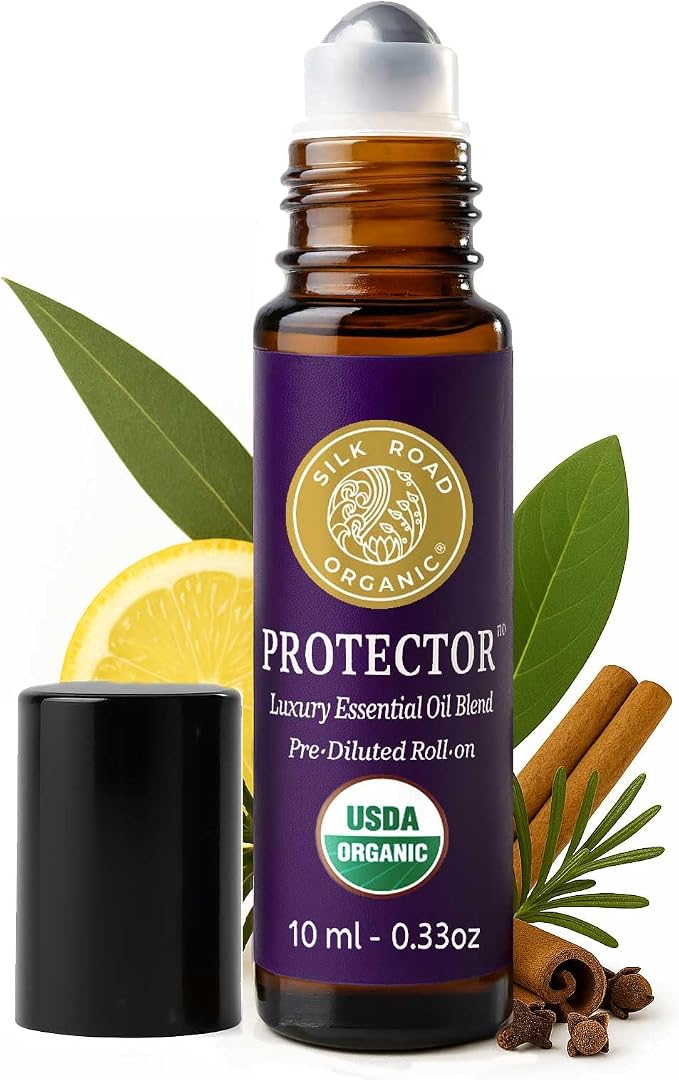 Silk Road Organic Protector Essential Oil Immunity Blend Roll On, Purifying Thieves Oil Formula, 100% Pure USDA Certified Clove Bud, Cinnamon Bark, Rosemary, Lemon, Eucalyptus - 10 ml Roller