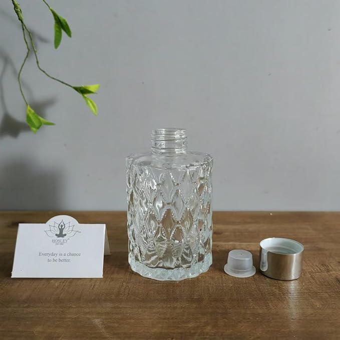Hosley Set of 4 Mid Century Modern Glass Diffuser Bottles 4 Inch High. Ideal for Use with Essential Oils Replacement Diffusers Reed Sticks Diy Crafts O3 Silver
