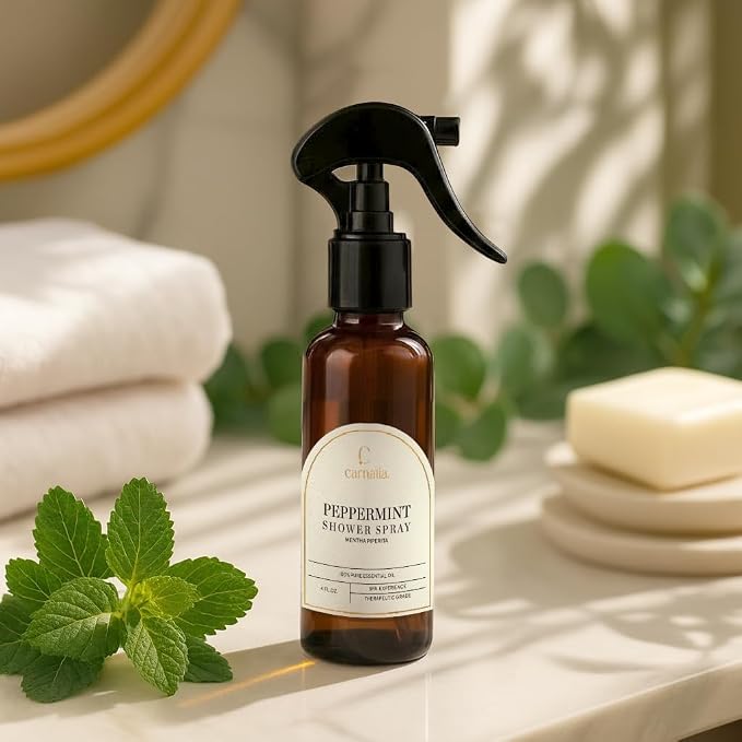 Carnatia Peppermint Shower Spray – Aromatherapy Essential Oil Mist for Showers | Spa-Like Refreshing Steam Experience | 4 fl oz Trigger Pump Spray for Focus & Energy
