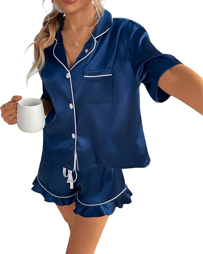 CHYRII Women's Silk Satin Pajamas Two Piece Pj Sets Short Sleeve Tops Ruffled Shorts Sleepwear with Magnetic Diffuser