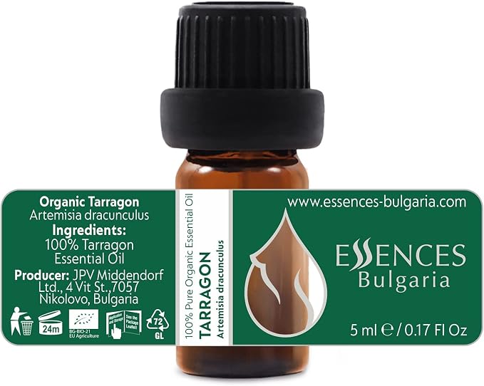 Essences Bulgaria Organic Tarragon Essential Oil 1/6 Fl Oz | 5ml | Artemisia dracunculus | 100% Pure and Natural | Undiluted | Therapeutic Grade | Family Owned Farm | Steam-Distilled | Non-GMO | Vegan