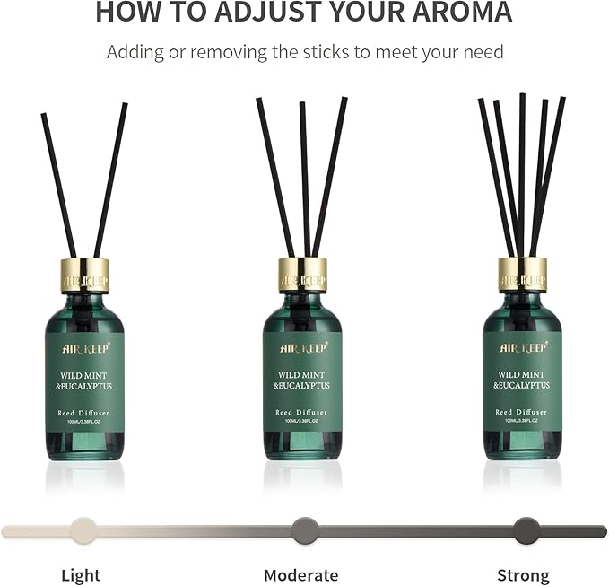 Airkeep Reed Diffuser Set, 3.38 fl oz (100 ml) - Wild Mint&Eucalyptus Oil Diffusers with 8 Reed Sticks, Home Fragrance Reed Diffuser for Bathroom Shelf Decor