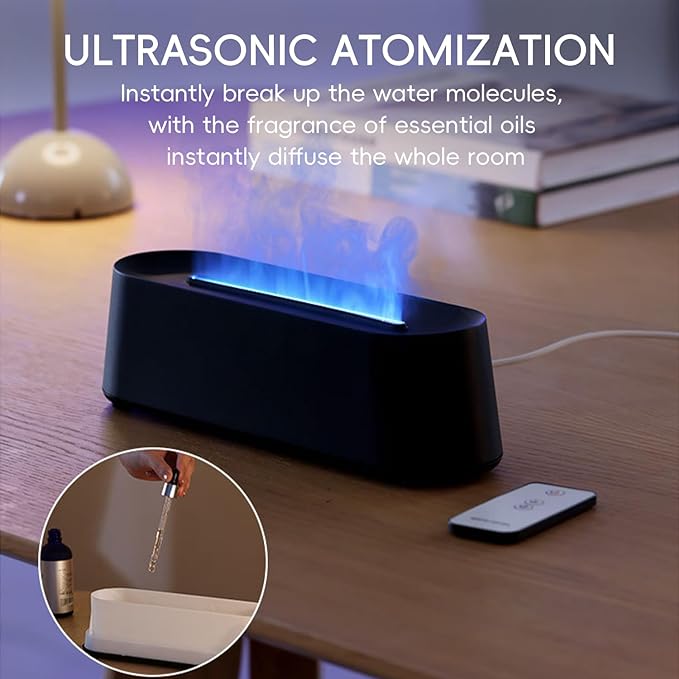 YALEDI Essential Oil Diffuser, Fireplace Flame Fire Oil Diffuser, 250ml Cool Mist Aromatherapy Humidifier, Scent Diffuser with 7 Colors Light, Remote Control, Timer & Auto-Off for Home, Room (White)