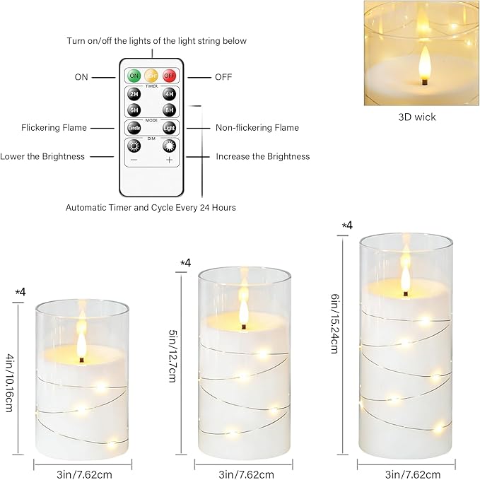 kakoya Flameless LED Candles with Timer 12 Pc Flickering Flameless Candles for Romantic Ambiance and Home Decoration Stable Acrylic Shell,with Embedded Star String，Battery Operated Candles(White)