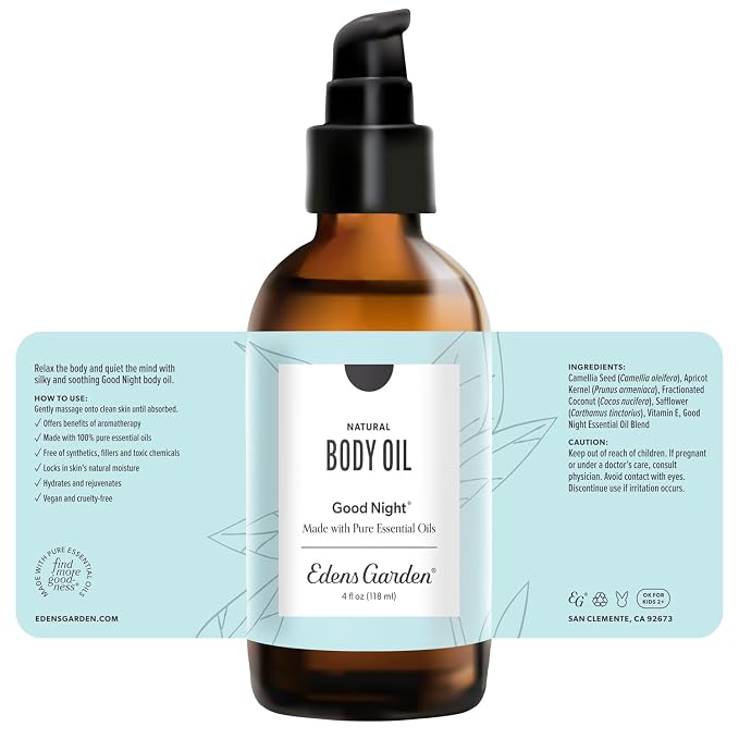 Edens Garden Good Night Bath & Body Oil Sleep Blend, Pure Essential Oils & Vitamin E for Moisturizing Dry Skin, Calming Aromatherapy After-Shower Scented Oil for Women & Men, 4 fl oz (118 ml)