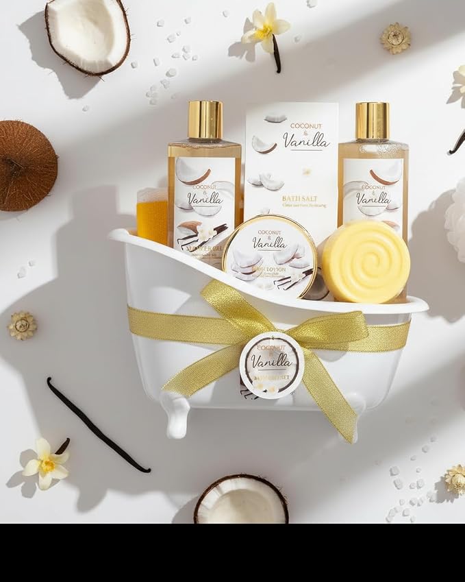 Spa Gift Basket for Women & Men Pamper Kit- 8-Piece Bath Kit Coconut Vanilla Bath & Body Gift Set for Women Self Care Spa Gift Baskets | Perfect Gifts Mom, Birthday Gift, All Occasion Holiday Present
