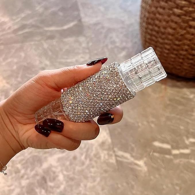Luxury Rhinestone 30ML Refillable Perfume Bottle – High-End Portable Large Capacity Glass Spray Bottle with Aluminum Atomizer (Silver)