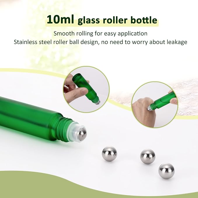 Kesell 10pcs Empty Roll on Glass Bottles, 10ml 1/3 Oz Essential Oil Roller Bottles with Stainless Steel Roller Balls, Refillable Small Perfume Vials for Travel - Green Color