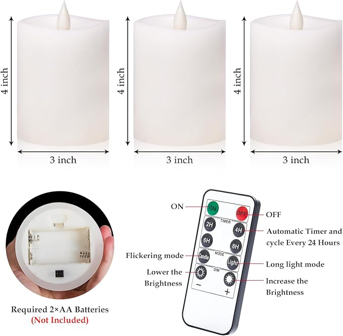 "3"x4" Flickering Flameless Candles with Remote Timer- Set of 3 Real Wax White Pillar LED Candles for Indoor/Outdoor Fireplace & Home Decor, Battery Operated with 600+ Hours Flickering (3" Diameter)