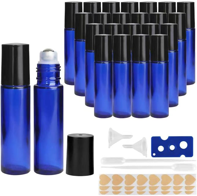 24-Pack 10ml Glass Roll-On Bottles with Stainless Steel Rollers, Refillable Roll-On Applicators for Essential Oils, Castor Oil, Aromatherapy, and Empty Deodorant Containers (Blue)
