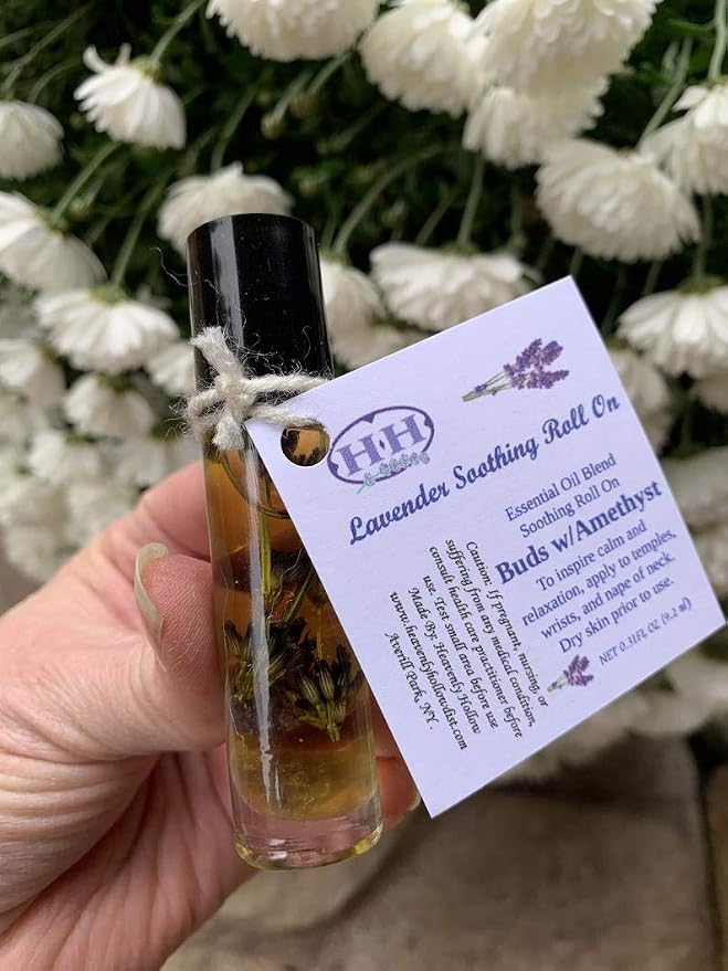 Lavender Roll On,Lavender Flowers & Amethyst Chips, Essential Oil blend, Soothing Roll On,Handmade, Pure,Jojoba Oil, Lavender Oil
