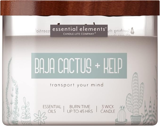 Essential Elements by Candle-lite Scented Candles, Baja Cactus & Kelp Fragrance, One 14.75 oz. Three-Wick Aromatherapy Candle with 45 Hours of Burn Time, Off-White Color