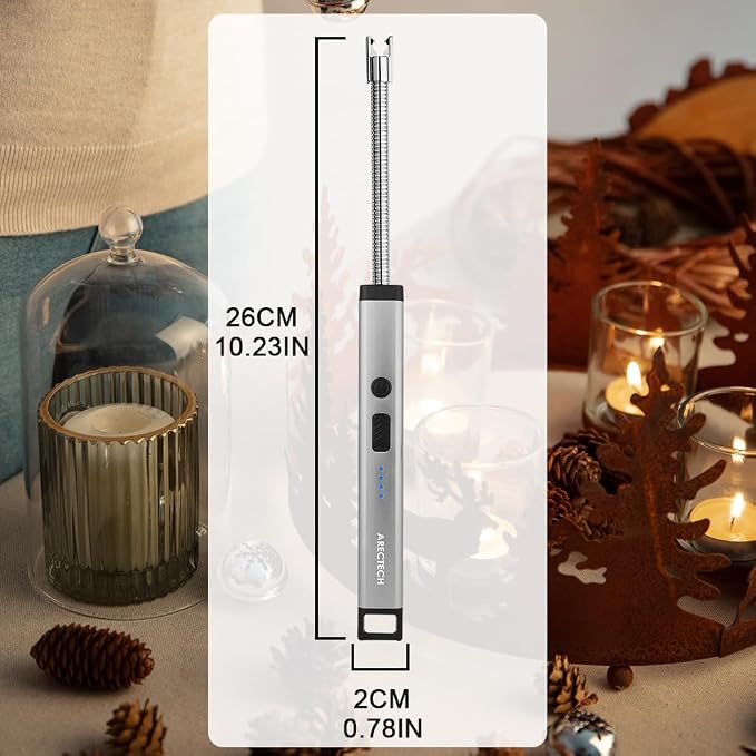 ARECTECH Candle Electric Lighter Rechargeable USB Arc Lighter for Candle Camping Fireworks Christmas Birthday Gifts with LED Light for Men Women Silver