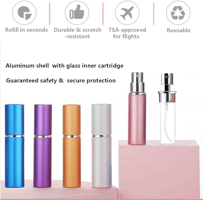 Refillable Perfume Atomizer Travel Size – 6-Pack Leak-Proof Glass Liner Portable Empty Spray Bottles for Perfume, Cologne & Essential Oils (5ml)